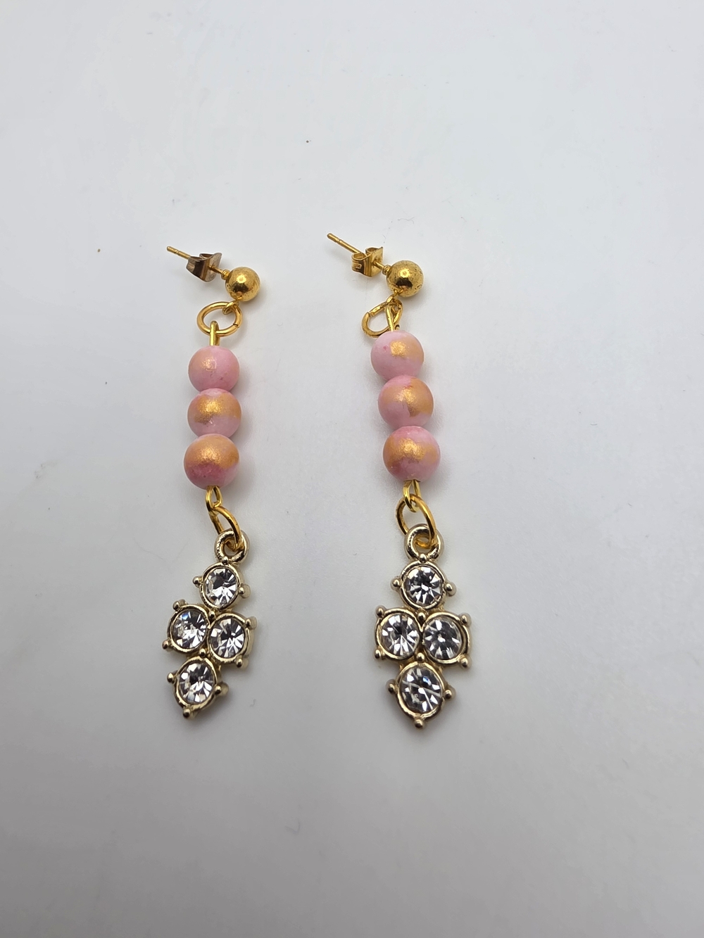 Gold-Tone Pink Bead Drop Earrings with Crystal Clusters